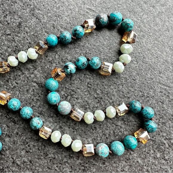 NEW Long Knotted Multi-color Bead Necklace Silver & Turquoise Dragonfly Pendant - Picture 5 of 9